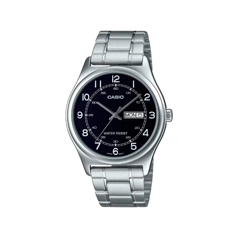 Reloj Casio Mtp-v006d-1b2, Acero,doble Fechador, Fondo Negro Plateado