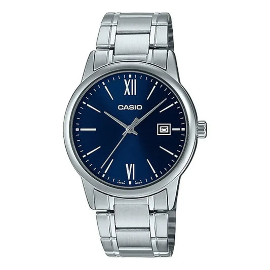 Reloj Pulsera Casio Mtp-v002d Con Correa De Acero Inoxidable Color Plateado - Fondo Azul
