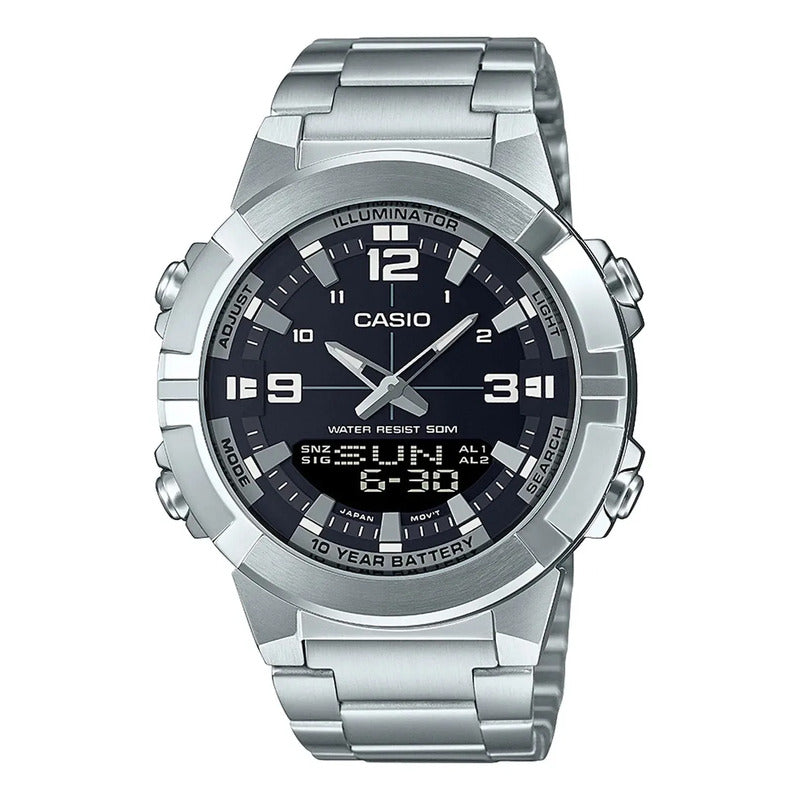 Reloj Casio Hombre Modelo Amw-870da Sumergible Malla Plateado Bisel Plateado Fondo Negro