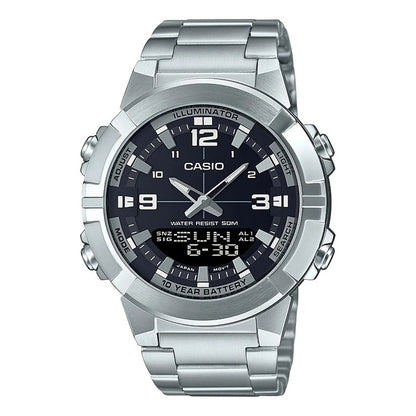 Reloj Casio Hombre Modelo Amw-870da Sumergible Malla Plateado Bisel Plateado Fondo Negro