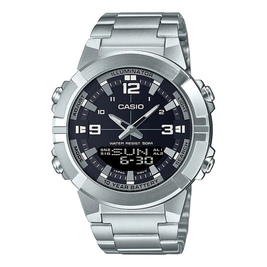 Reloj Casio Hombre Modelo Amw-870da Sumergible Malla Plateado Bisel Plateado Fondo Negro