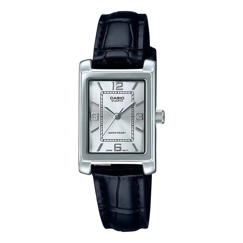 Reloj Analógico Casio De Cuarzo Para Mujer Con Correa De Cuero Negra Negro Plateado