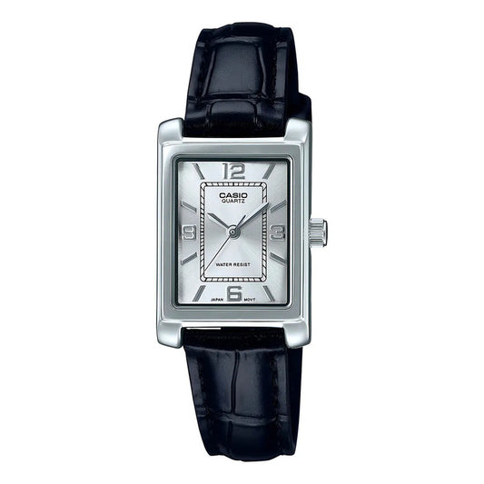 Reloj Analógico Casio De Cuarzo Para Mujer Con Correa De Cuero Negra Negro Plateado