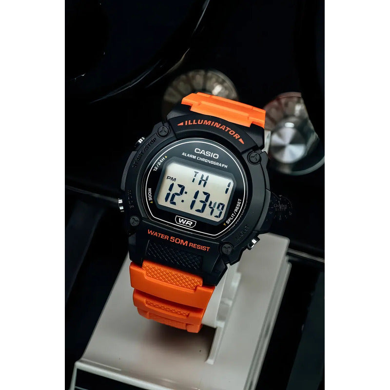 Reloj Casio W-219h-4a Naranja Wr 50m Cronometro Alarma Sumergible Negro