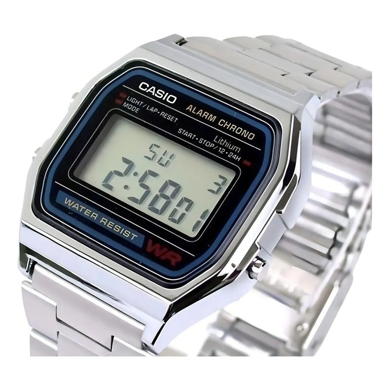 Reloj Retro Casio A158wa-1 Relojesymas Correa Plateado Bisel Plateado Fondo Gris