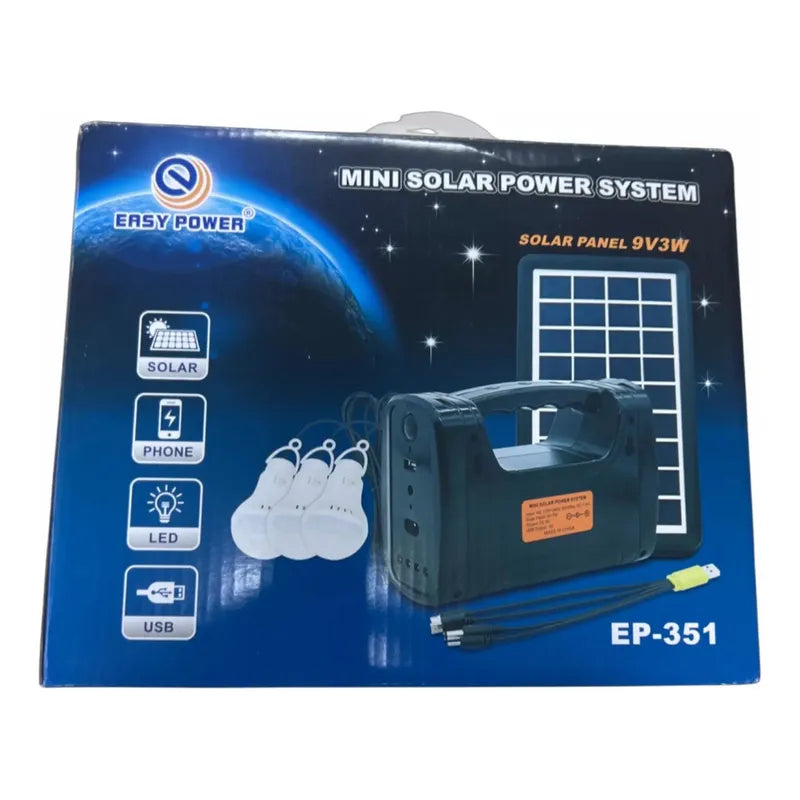 Kit Emergencia Solar Tres Ampolletas + Panel Cargado Celular Negro