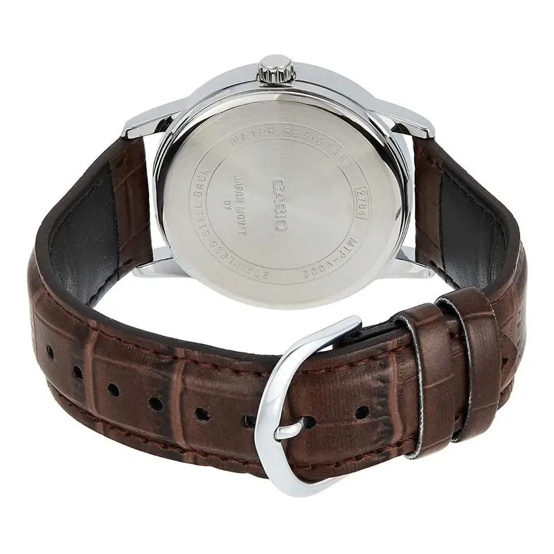 Reloj Pulsera Casio Mtp-v002l-7b2 Con Correa De Cuero Color Marrón - Fondo Plateado