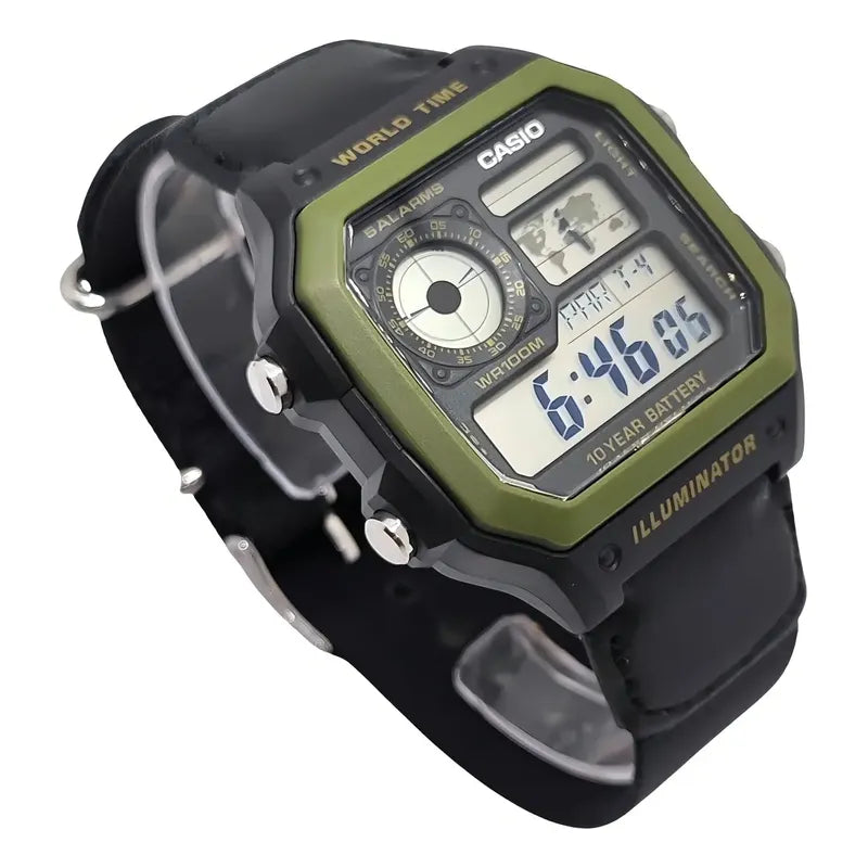 Reloj Pulsera Digital Casio Ae-1200whb-1b Con Correa De Tela Color Negro - Bisel Verde