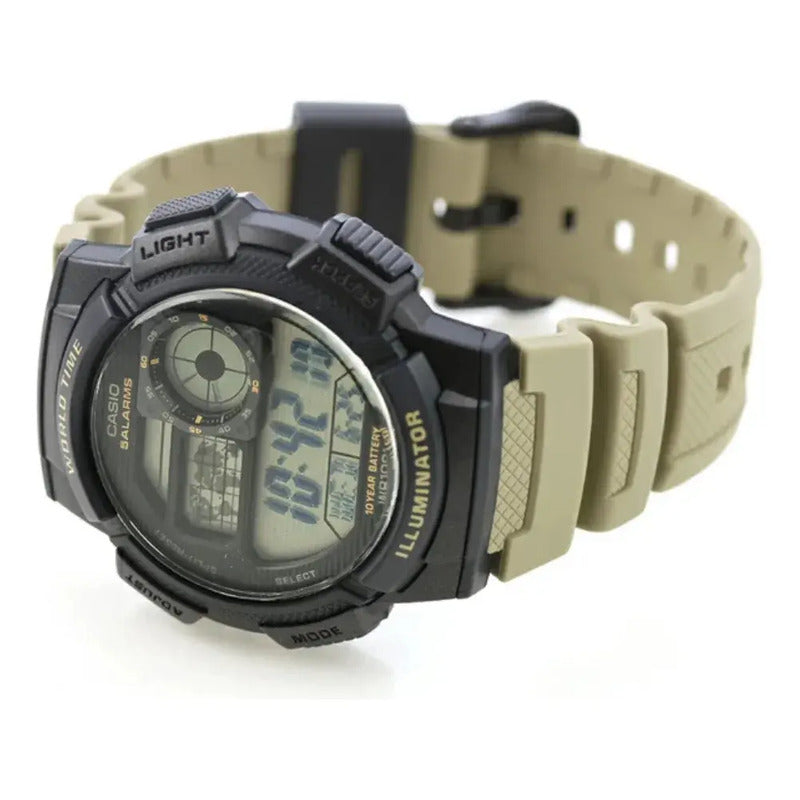Reloj Casio World Time Illuminator Digital Para Hombre Con Alarma, Cronógrafo Y Hora Mundial Negro Verde Oscuro