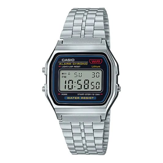 Reloj De Pulsera Casio Vintage A-159wa-n1 De Cuerpo Color Plateado, Digital, Fondo Negro, Con Correa De Acero Inoxidable Color Plateado, Dial Negro, Minutero/segundero Negro, Bisel Color Plateado