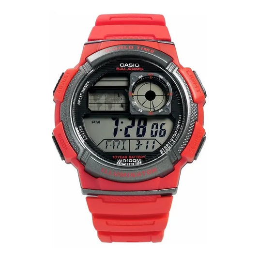 Reloj Casio Ae 1000w Hora Mundial Con Cronómetro Y Luz Correa Rojo Bisel Negro Fondo Negro