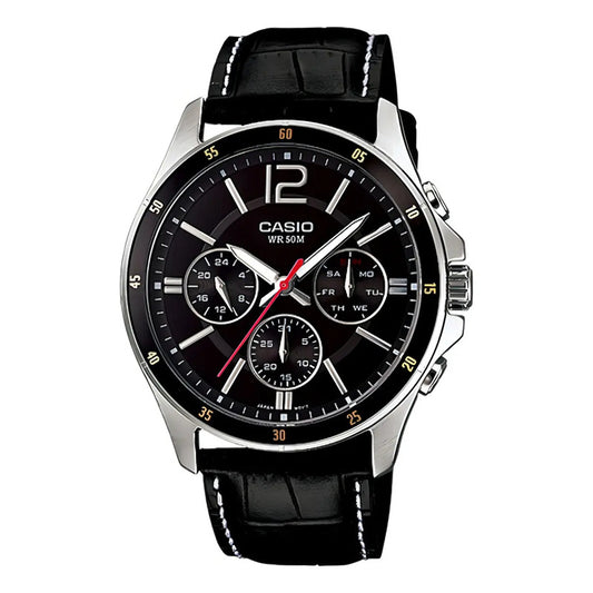 Reloj Casio Mtp-1374l-1a Hombre Multifuncion Acero Cuero 50m Wr Negro