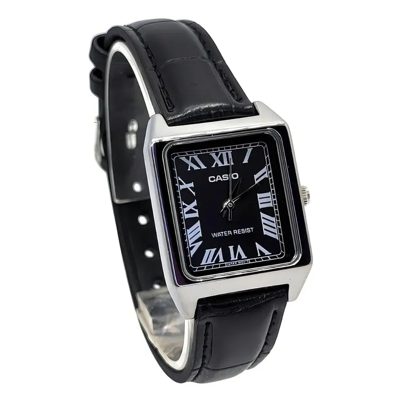Reloj Casio Dama Correa Piel Genuina Ltp-v007l-1bu Negro Plateado