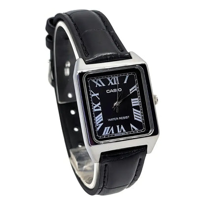 Reloj Casio Dama Correa Piel Genuina Ltp-v007l-1bu Negro Plateado