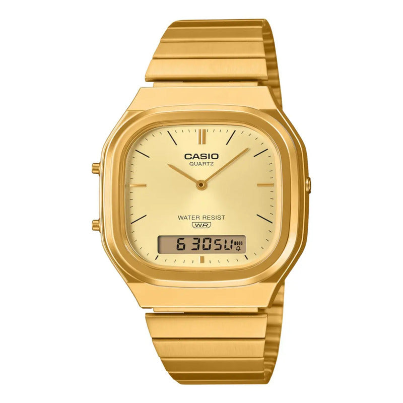 Reloj Casio Aq-240eg-9a Gold-ion, Correa De Acero, Anadigi Correa Dorado Bisel Dorado Fondo Dorado