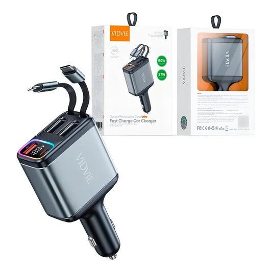 Cargador De Auto Vidvie Cc539 90w Rápido Con Cables Retráctiles Usb-c Lightning Negro