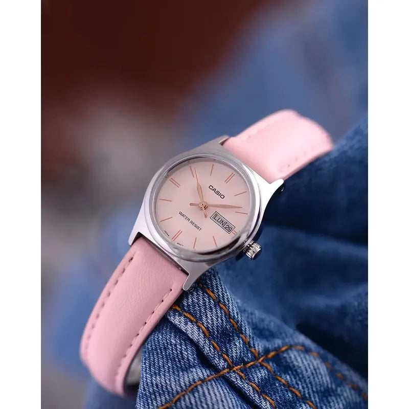 Reloj Casio Dress De Dama Ltp-v006l-4b Doble Fechador Color Rosa Y Plateado
