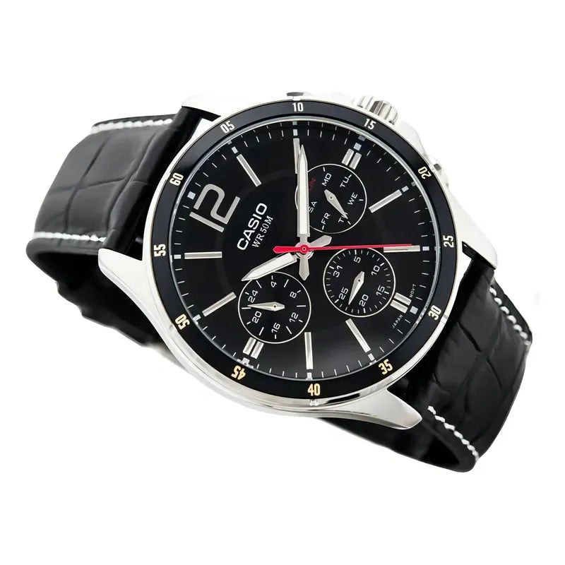 Reloj Casio Mtp-1374l-1a Hombre Multifuncion Acero Cuero 50m Wr Negro