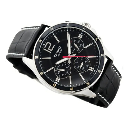 Reloj Casio Mtp-1374l-1a Hombre Multifuncion Acero Cuero 50m Wr Negro