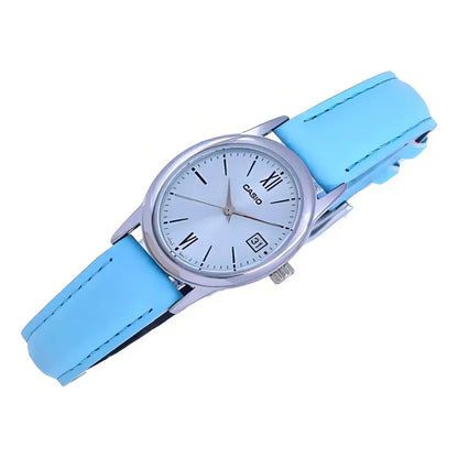 Reloj Casio Dama Ltp-v002l-2b3 De Cuero Azul Resistente Al Agua Plateado