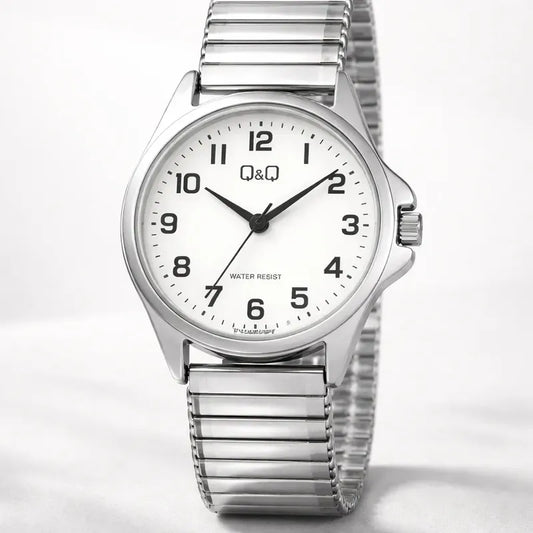 Reloj De Mujer Pulsera Elasticada Qyq C37a-023py Plateado Blanco