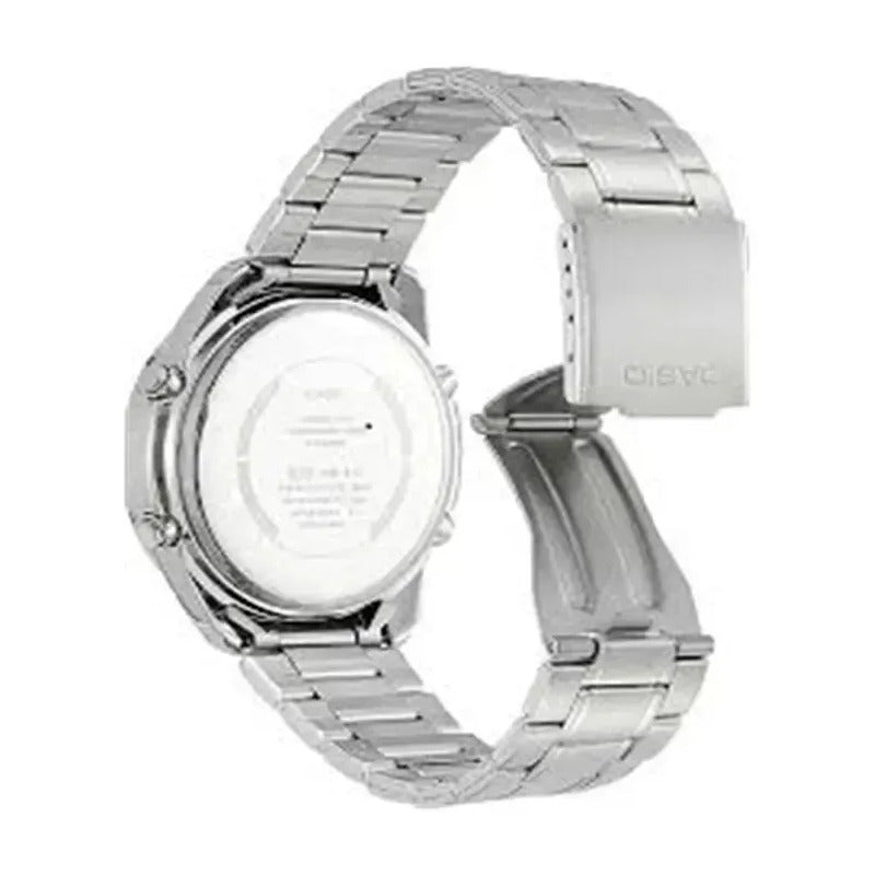 Reloj Casio Hombre Modelo Amw-870da Sumergible Malla Plateado Bisel Plateado Fondo Negro