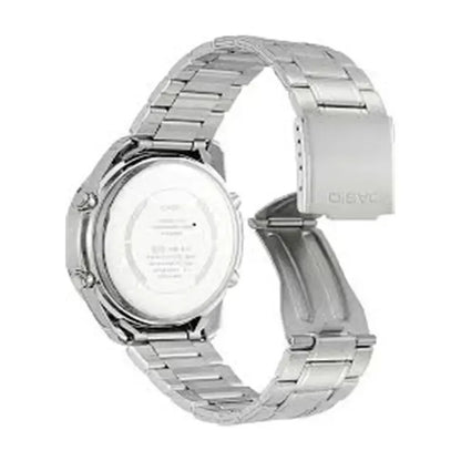 Reloj Casio Hombre Modelo Amw-870da Sumergible Malla Plateado Bisel Plateado Fondo Negro