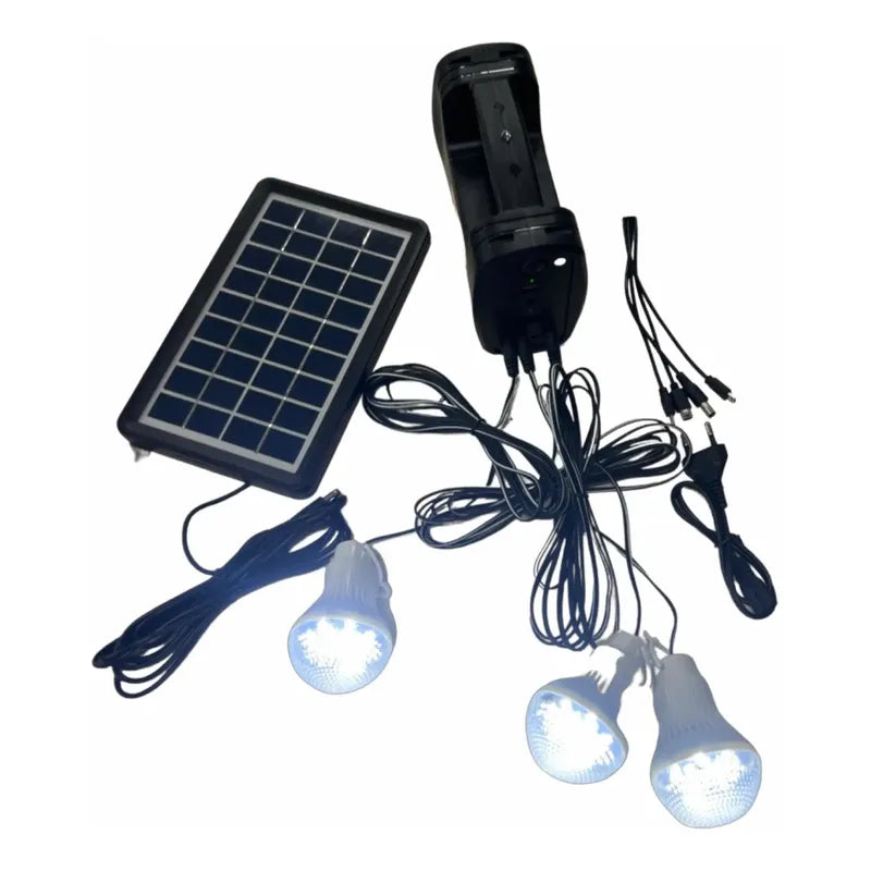 Kit Emergencia Solar Tres Ampolletas + Panel Cargado Celular Negro
