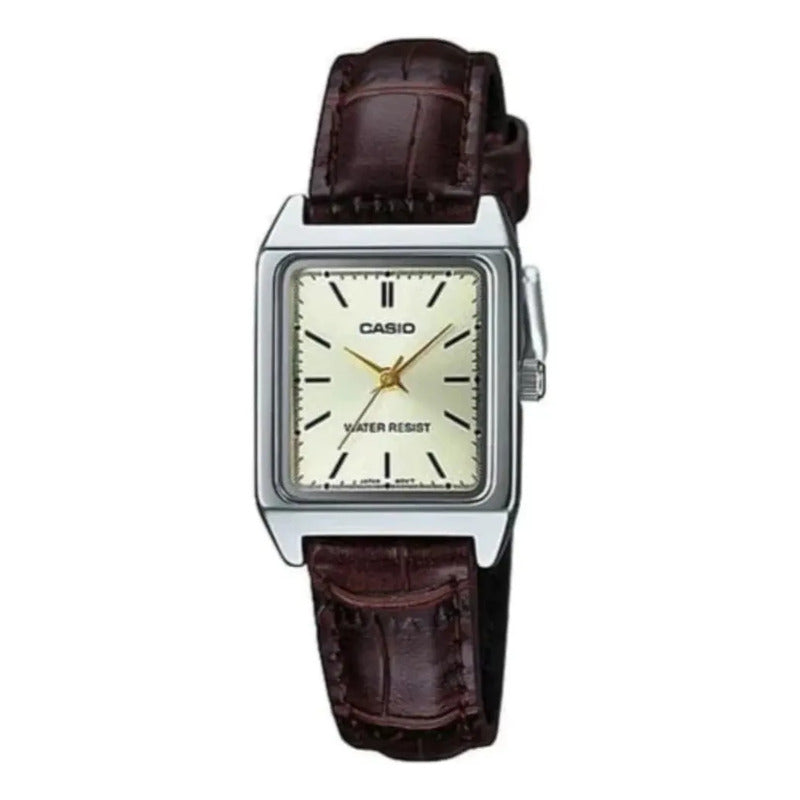 Reloj Casio Tank Ltp-v007l-9e Mujer - Análogo Marrón Oscuro Plateado Blanco
