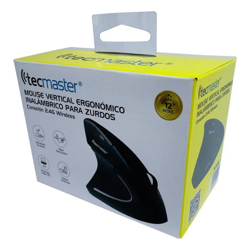 Mouse Vertical Ergonómico Inalámbrico Zurdo Tecmaster 1600 Dpi Negro
