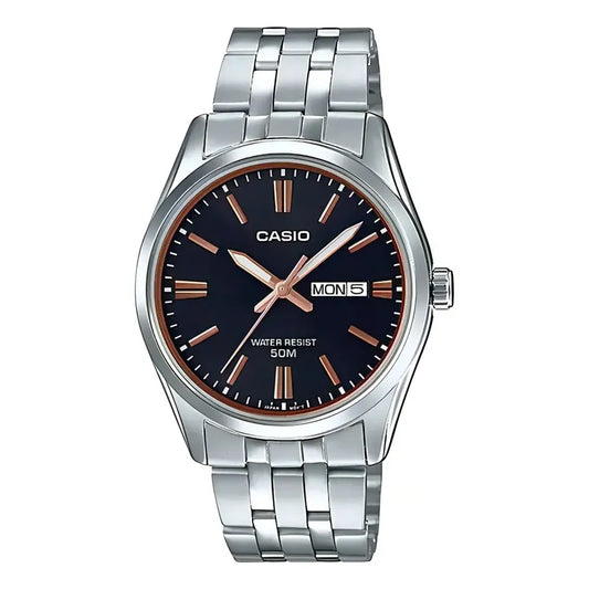 Reloj Casio Hombre Mtp-1335d-2a2 Calendario Sumergible Color De La Malla Plateado Color Del Bisel Plateado Color Del Fondo Negro Negro 1a2