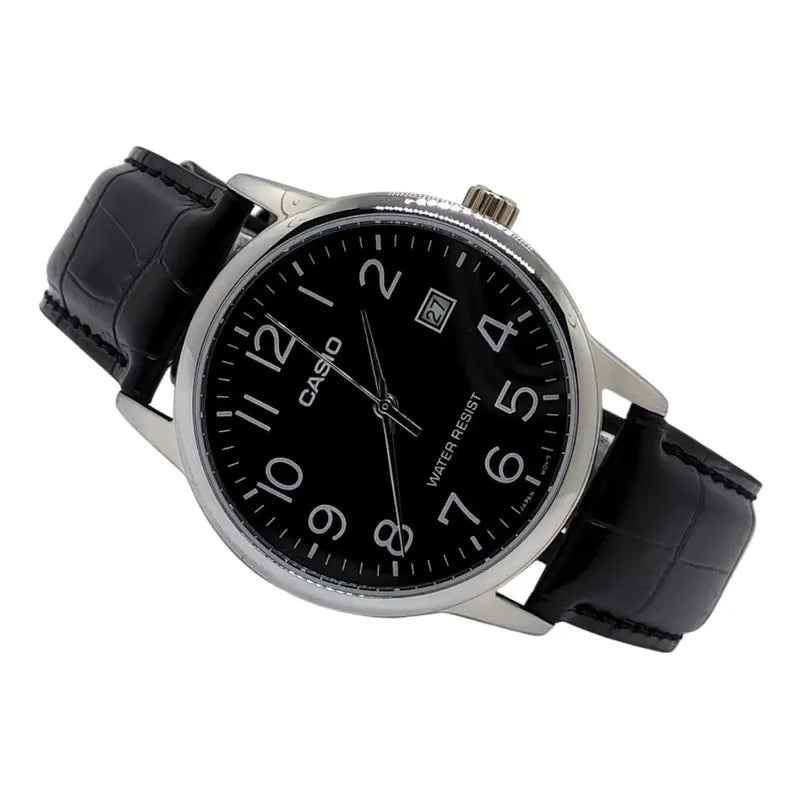 Reloj Pulsera Casio Mtp-v002l-1bu Con Correa De Cuero Color Negro - Bisel Plateado