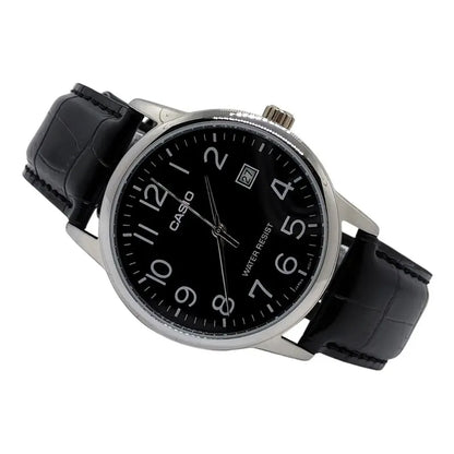 Reloj Pulsera Casio Mtp-v002l-1bu Con Correa De Cuero Color Negro - Bisel Plateado