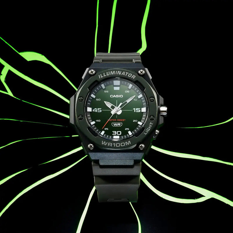 Reloj Casio Illuminator Analógico Para Hombre, Con Alarma Y Retroiluminación Negro Verde Oscuro
