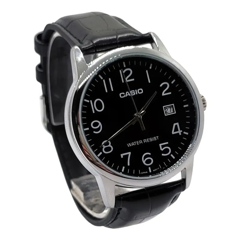 Reloj Pulsera Casio Mtp-v002l-1bu Con Correa De Cuero Color Negro - Bisel Plateado