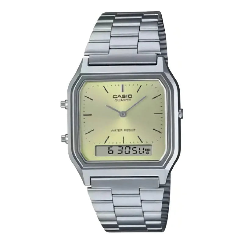 Reloj Casio Vintage Aq-230a-9a De Acero Inoxidable Con Fondo Amarillo Plateado