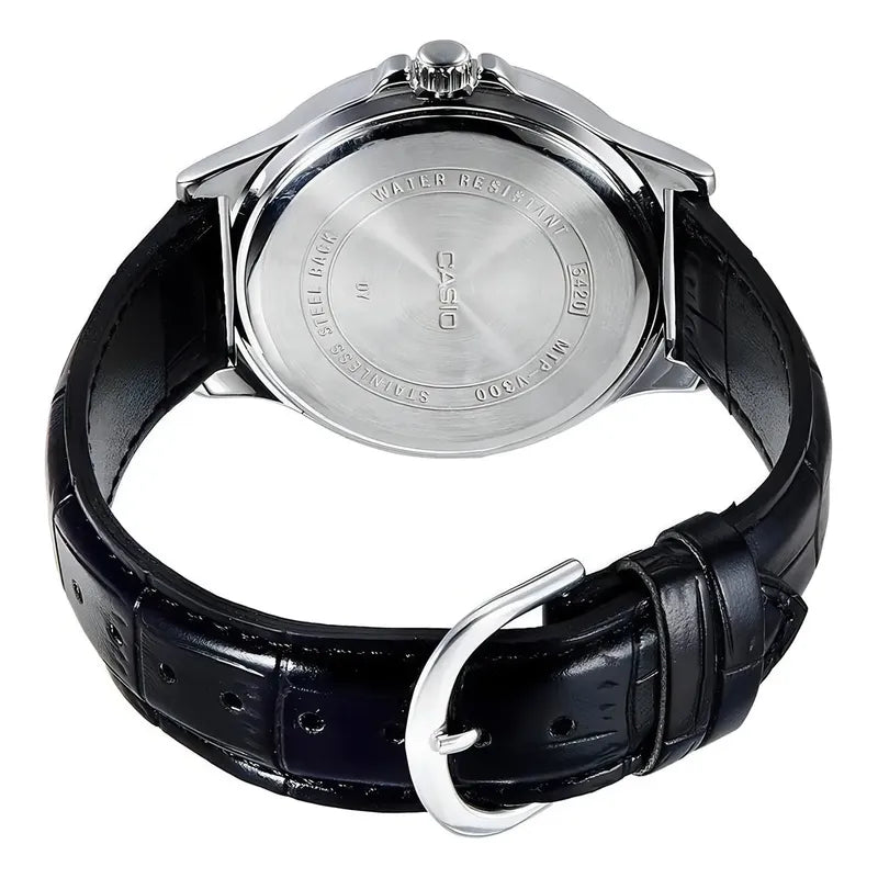 Reloj Pulsera Casio Mtp-v004l-7a Con Correa De Cuero Color Negro - Fondo Blanco - Bisel Plata