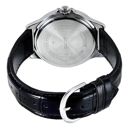 Reloj Pulsera Casio Mtp-v004l-7a Con Correa De Cuero Color Negro - Fondo Blanco - Bisel Plata