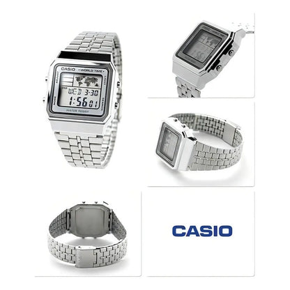 Reloj De Pulsera Digital Casio A-500wa-7d Con Correa De Acero Inoxidable De Color Plateado, Fondo Blanco/gris