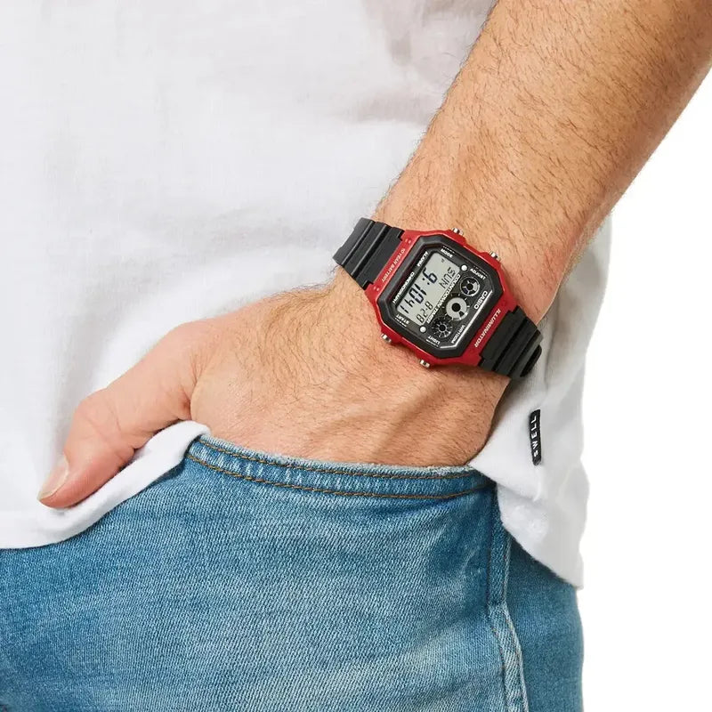 Reloj Pulsera Digital Casio Ae-1300wh-4a Con Correa De Resina Color Negro - Bisel Rojo/negro