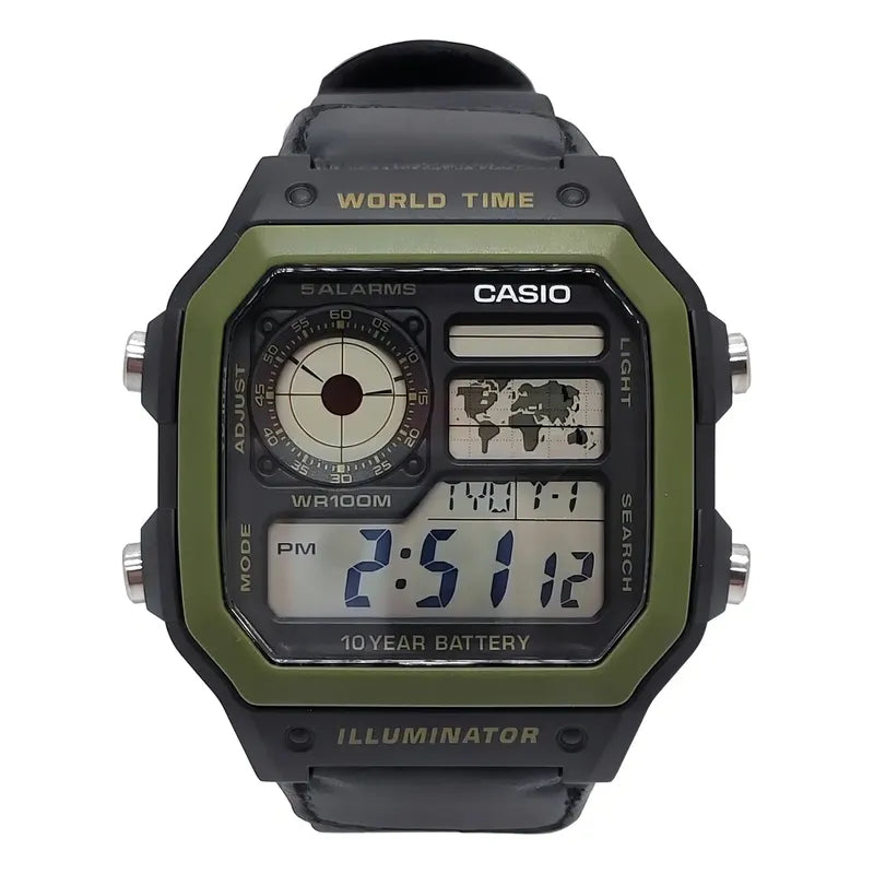 Reloj Pulsera Digital Casio Ae-1200whb-1b Con Correa De Tela Color Negro - Bisel Verde