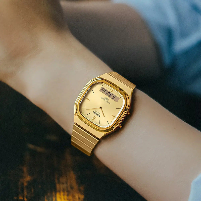 Reloj Casio Aq-240eg-9a Gold-ion, Correa De Acero, Anadigi Correa Dorado Bisel Dorado Fondo Dorado