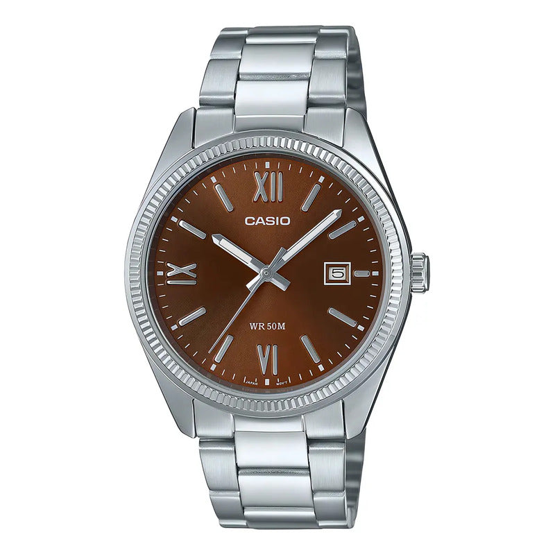 Reloj Casio Para Hombre Con Fondo Marrón Y Correa Plateada Plateado