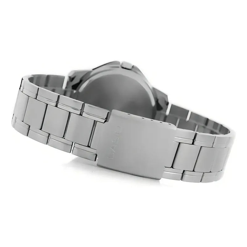 Reloj Pulsera Casio Mtp-v004d-2b Con Correa De Acero Inoxidable Color Plateado Fondo Azul