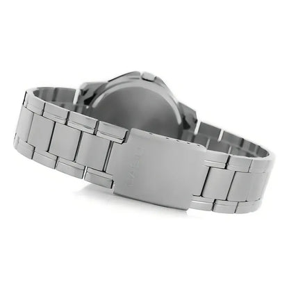 Reloj Pulsera Casio Mtp-v004d-2b Con Correa De Acero Inoxidable Color Plateado Fondo Azul