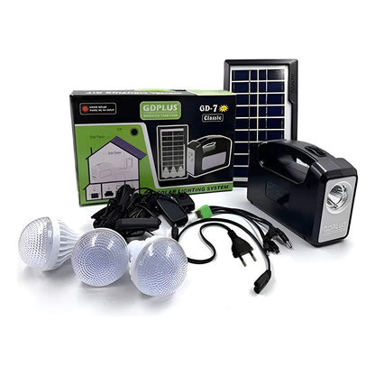 Kit Emergencia Solar Tres Ampolletas + Panel Cargado Celular Negro