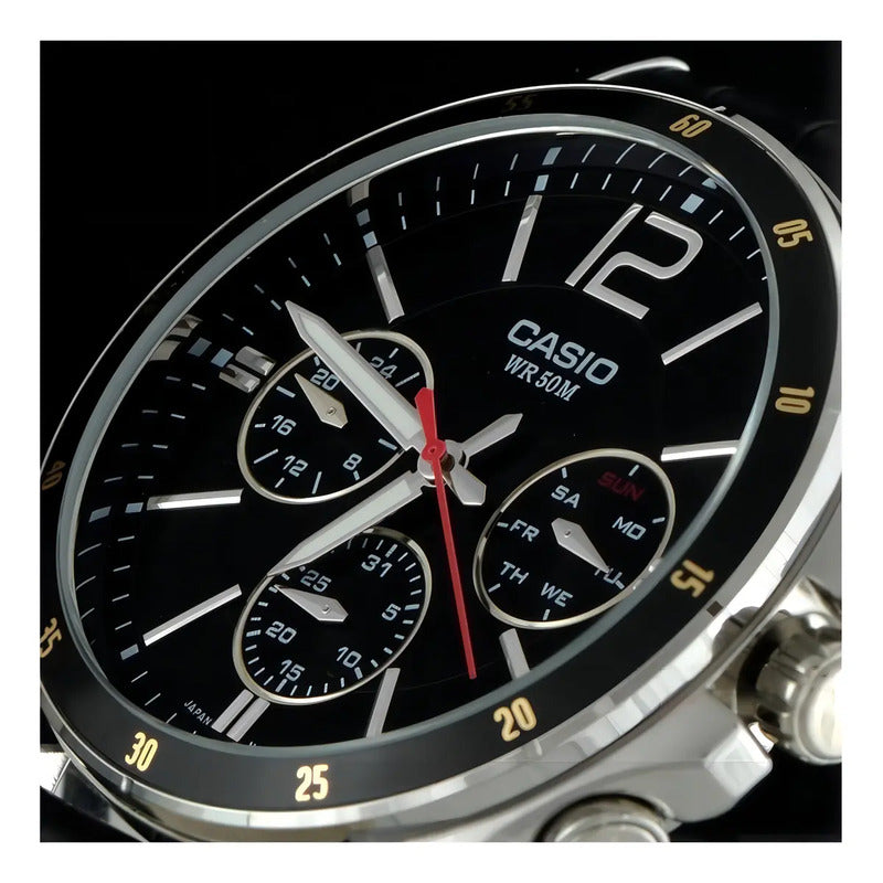 Reloj Casio Mtp-1374l-1a Hombre Multifuncion Acero Cuero 50m Wr Negro