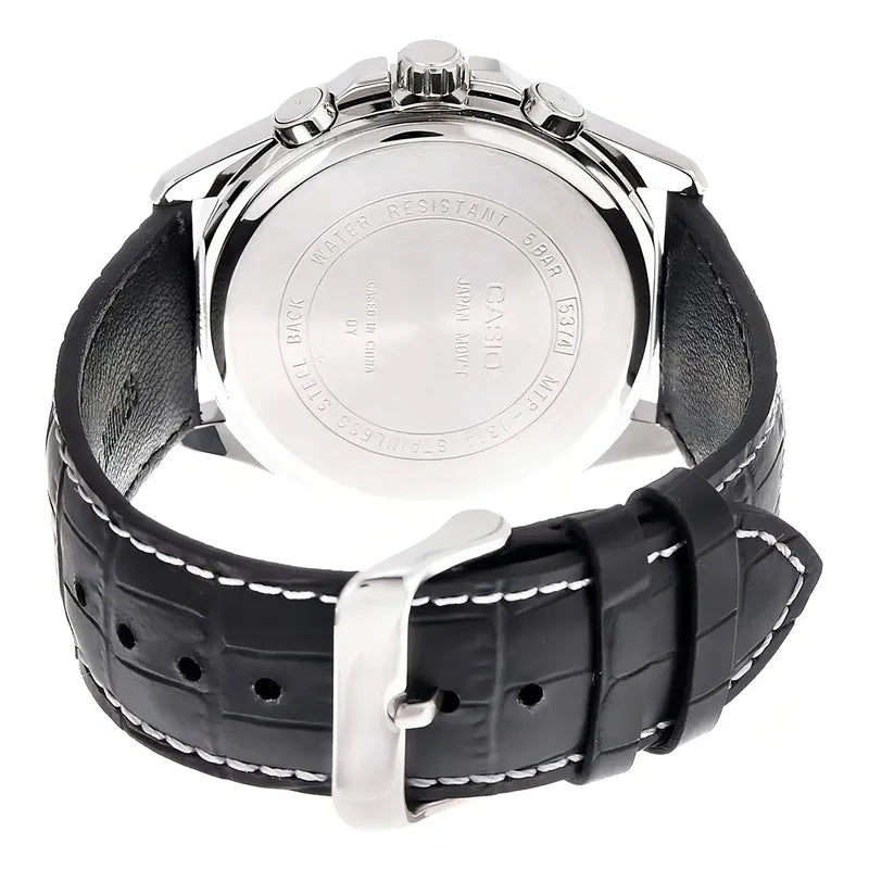 Reloj Casio Mtp-1374l-1a Hombre Multifuncion Acero Cuero 50m Wr Negro