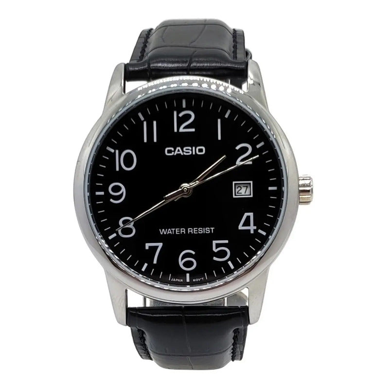 Reloj Pulsera Casio Mtp-v002l-1bu Con Correa De Cuero Color Negro - Bisel Plateado