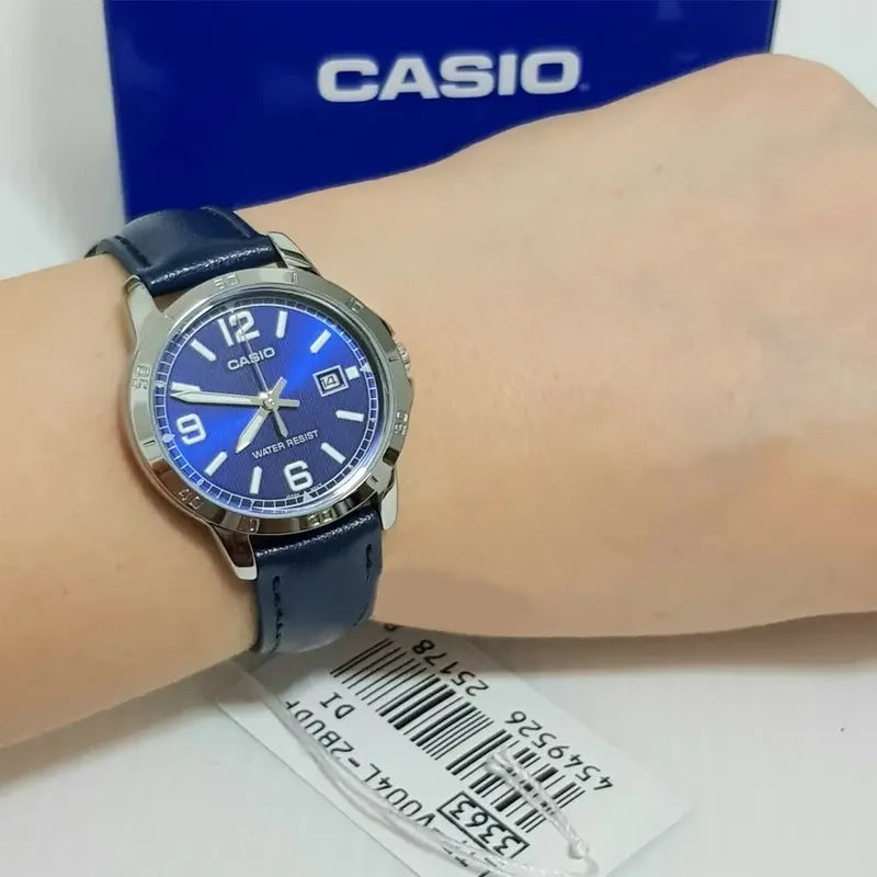 Reloj Pulsera Casio Mtp-v004l-2b Con Correa De Cuero Color Azul - Bisel Plata